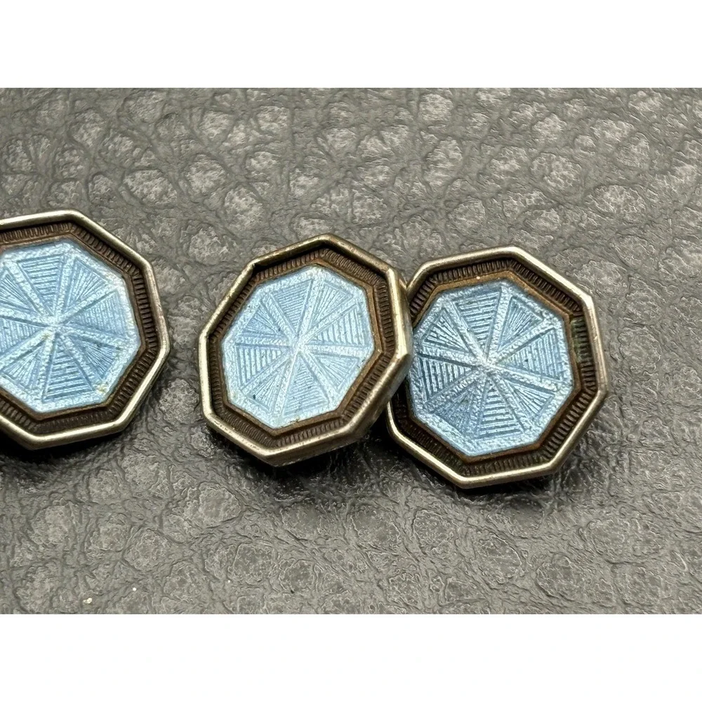 Vintage Art Deco Park Roger Silver Blue Guilloche Enamel Cufflinks